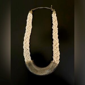 Cream Bead Braided Necklace with Gold Accents